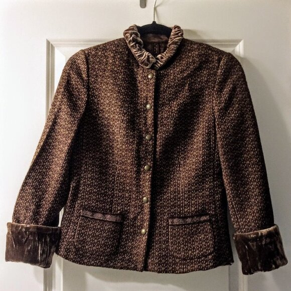 Tahari Brown Tan Velvet Trim Wool Tweed Jacket - Picture 1 of 10